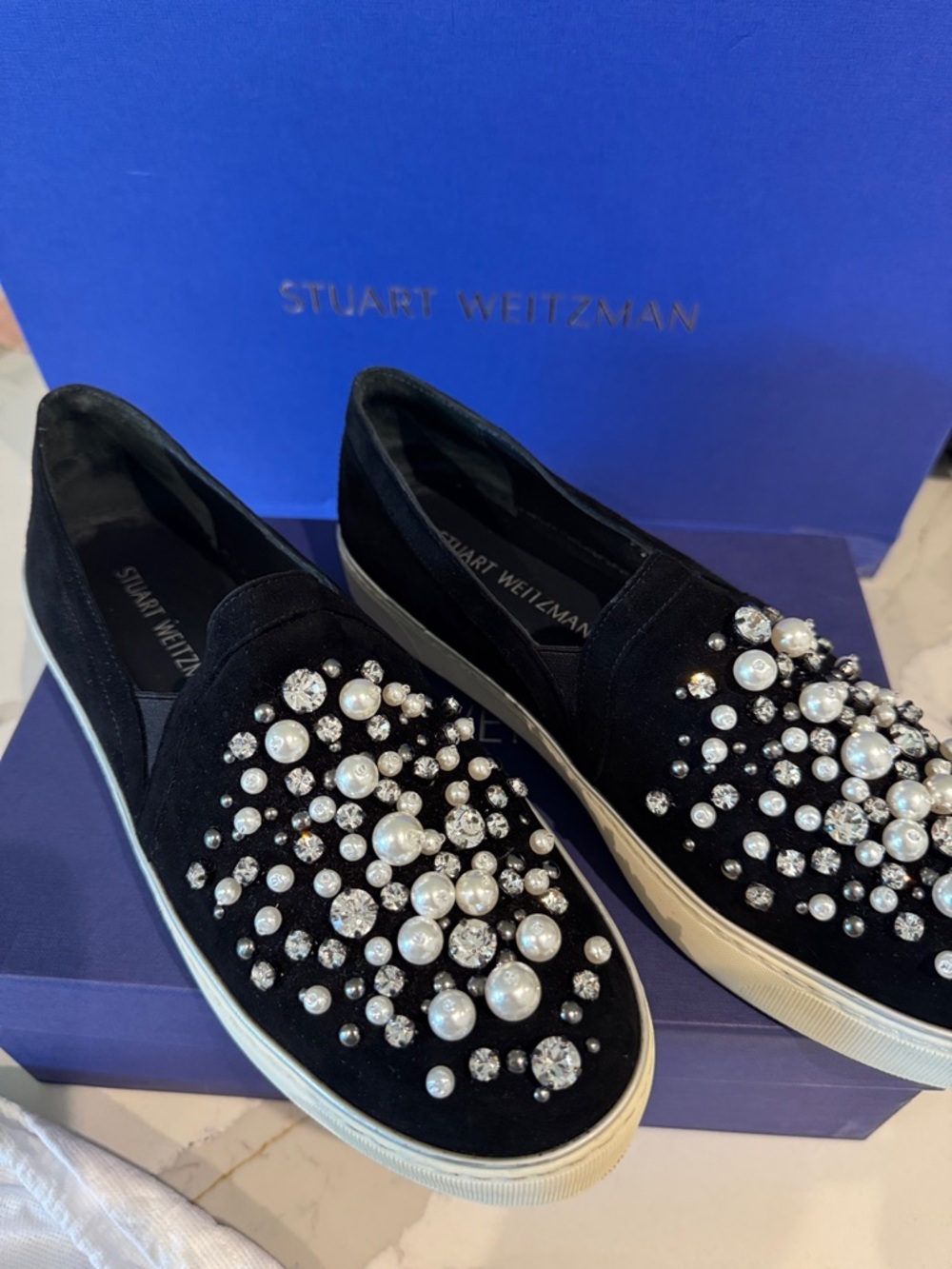 Stuart Weitzman Black Suede Pearl & Crystal Embellished Slip-On Sneakers 9.5
